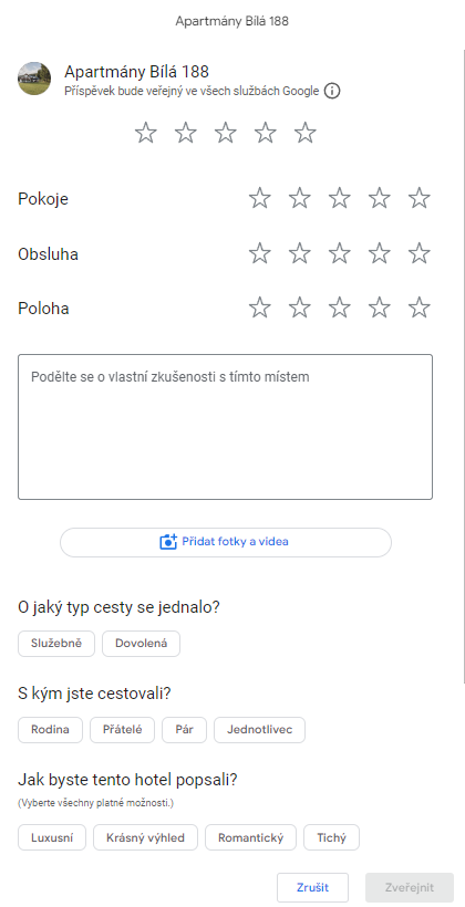 Recenze má několik částí, nakonec je tlačítko Zveřejnit