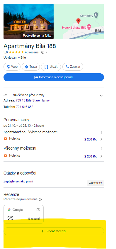 Recenze na Google.com lze najít na žlutě označeném místě