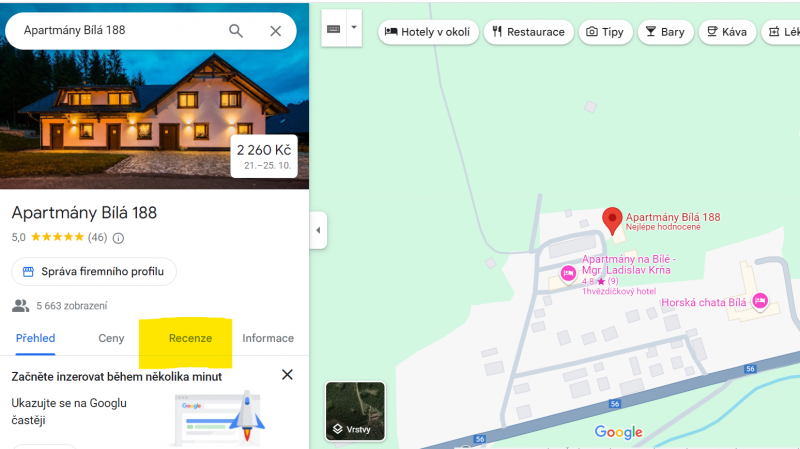 Recenze na Google.com/Maps lze najít na žlutě označeném místě